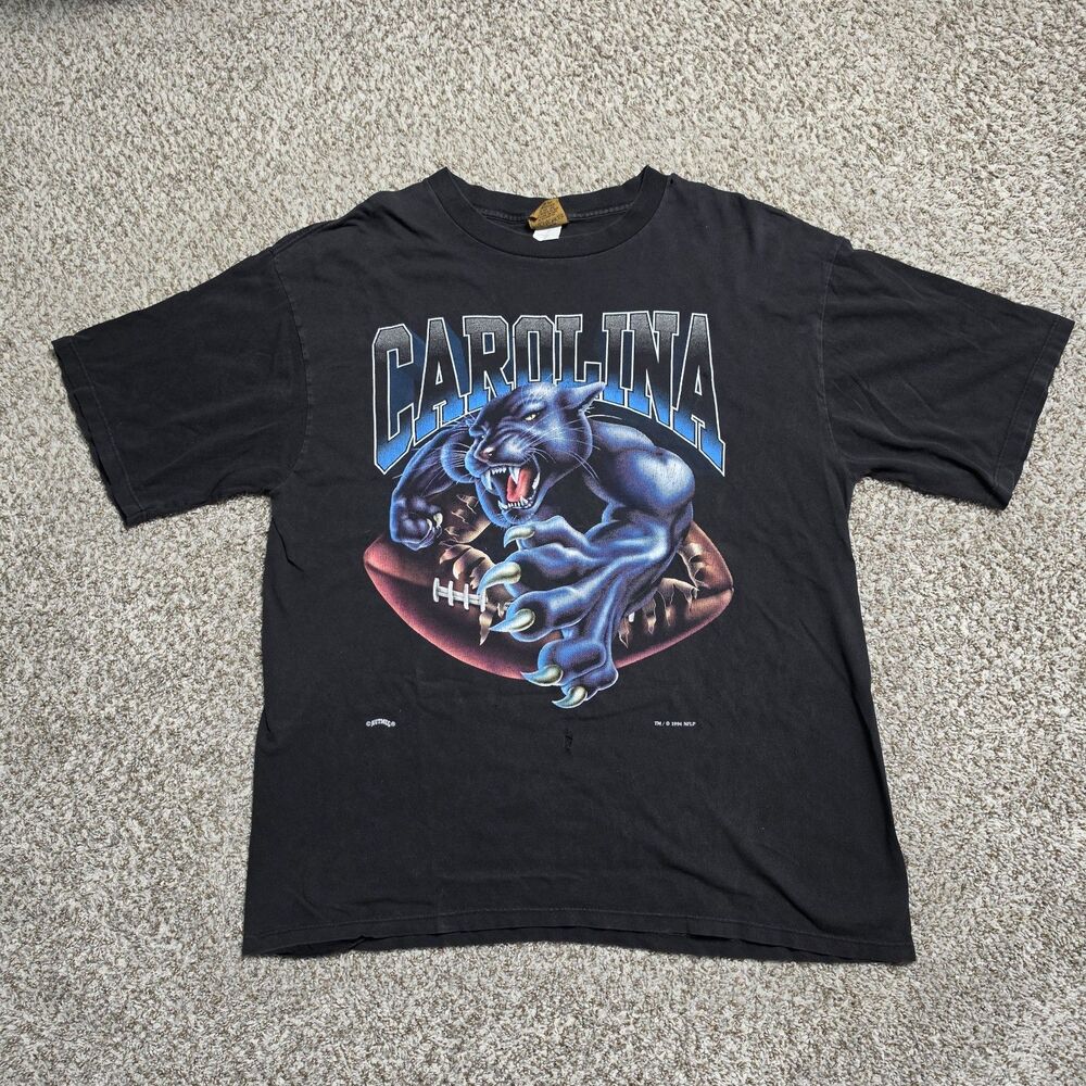 Vtg Nutmeg Carolina Panthers Breakthrough Shirt XL DISTRESSED HOLES Double Sided